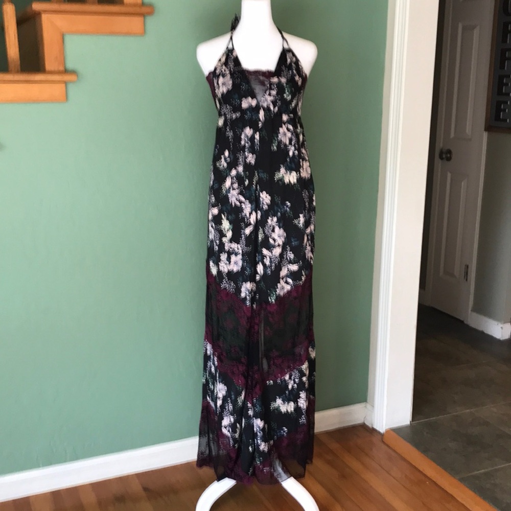 Free people beautiful purple and black lace satin jumpsuit